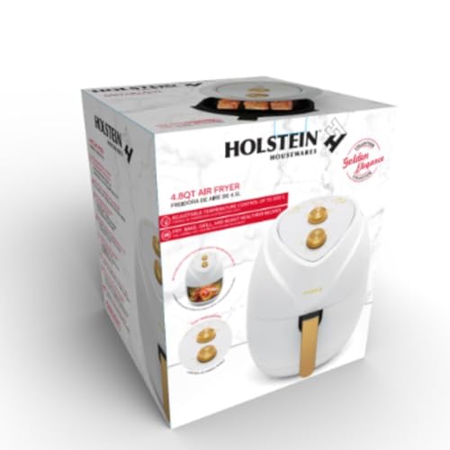 Holstein Housewares 4.8QT Air Fryer - Convenient and User Friendly with Optimal Cooking Functions to Fry, Bake, Grill and Roast, White and Gold Color. Golden Elegance