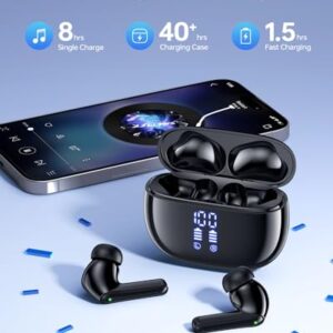 YAQ Wireless Earbuds Bluetooth Headphones, 40H Playtime Stereo IPX5 Waterproof Ear Buds, LED Power Display Cordless in-Ear Earphones with Microphone for iOS Android Cell Phone Sports