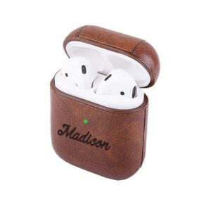 custom name airpods pu leather case, personalized protective cover compatible with apple airpod 1 or 2[front led visible] [support wireless charging] keychain brown/light brown/red