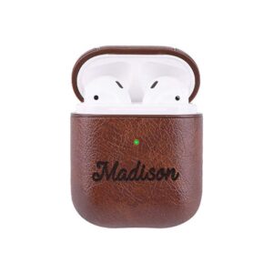 Custom Name AirPods PU Leather Case, Personalized Protective Cover Compatible with Apple AirPod 1 or 2[Front LED Visible] [Support Wireless Charging] Keychain Brown/Light Brown/Red