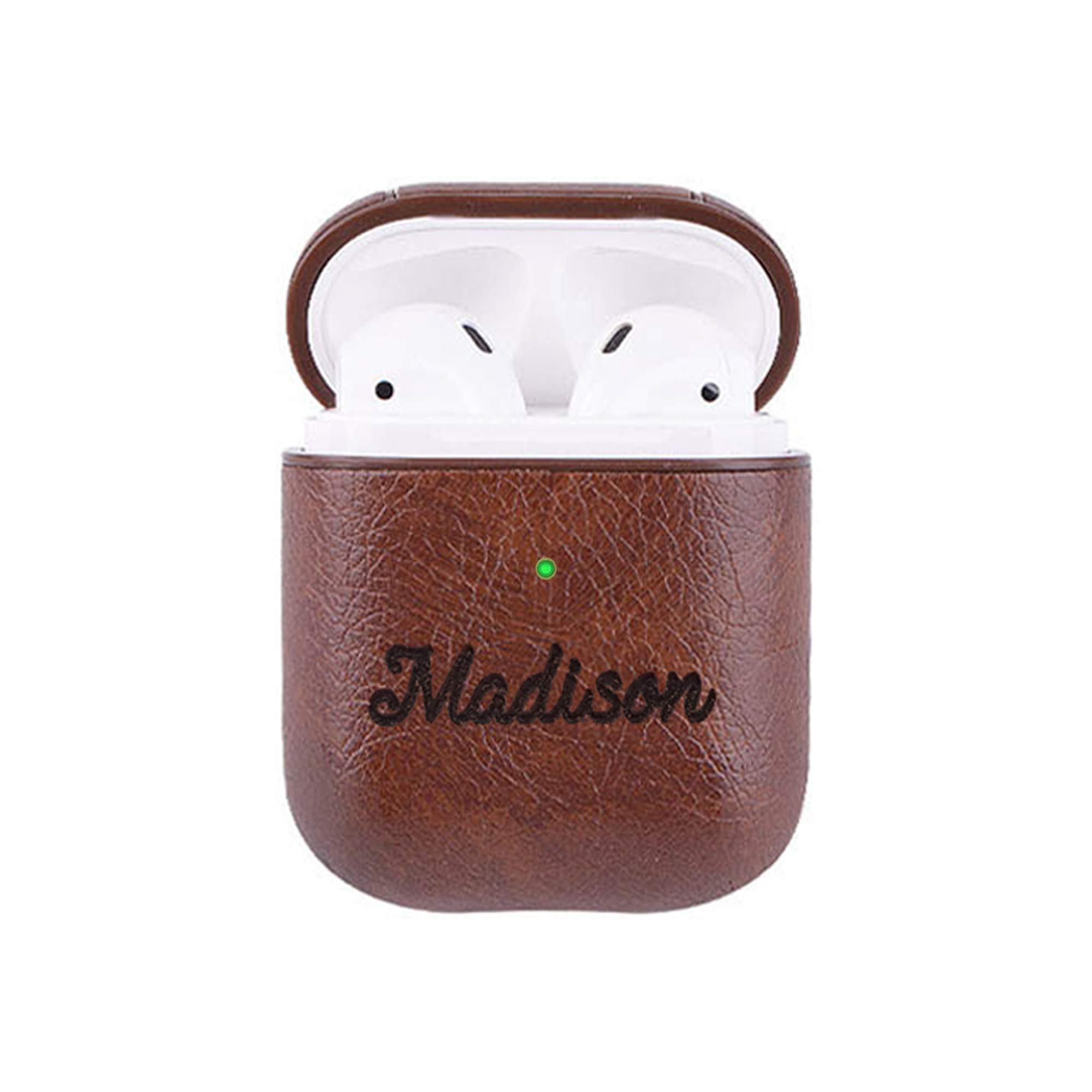 Custom Name AirPods PU Leather Case, Personalized Protective Cover Compatible with Apple AirPod 1 or 2[Front LED Visible] [Support Wireless Charging] Keychain Brown/Light Brown/Red