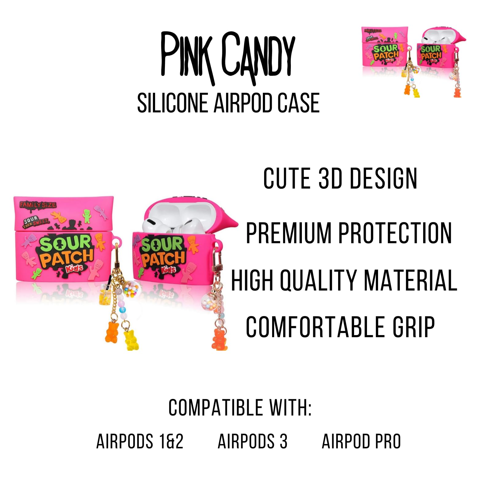 Sweet Body Pink Candy AirPod Case 3D Cartoon Funny Kawaii, Shockproof Protective Soft Silicone Case Skin Designed with Trendy Candy Keychain for AirPods 1&2, AirPods 3, and AirPods Pro (Airpods 3)