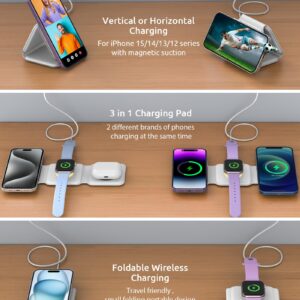 3 in 1 Foldable Wireless Charger, Wireless Charging Station for iPhone 15/14/13/12/11 Pro Max/X/XS, Fast Magnetic Travel Wireless Charging Pad for AirPods 3/2/Pro Apple Watch