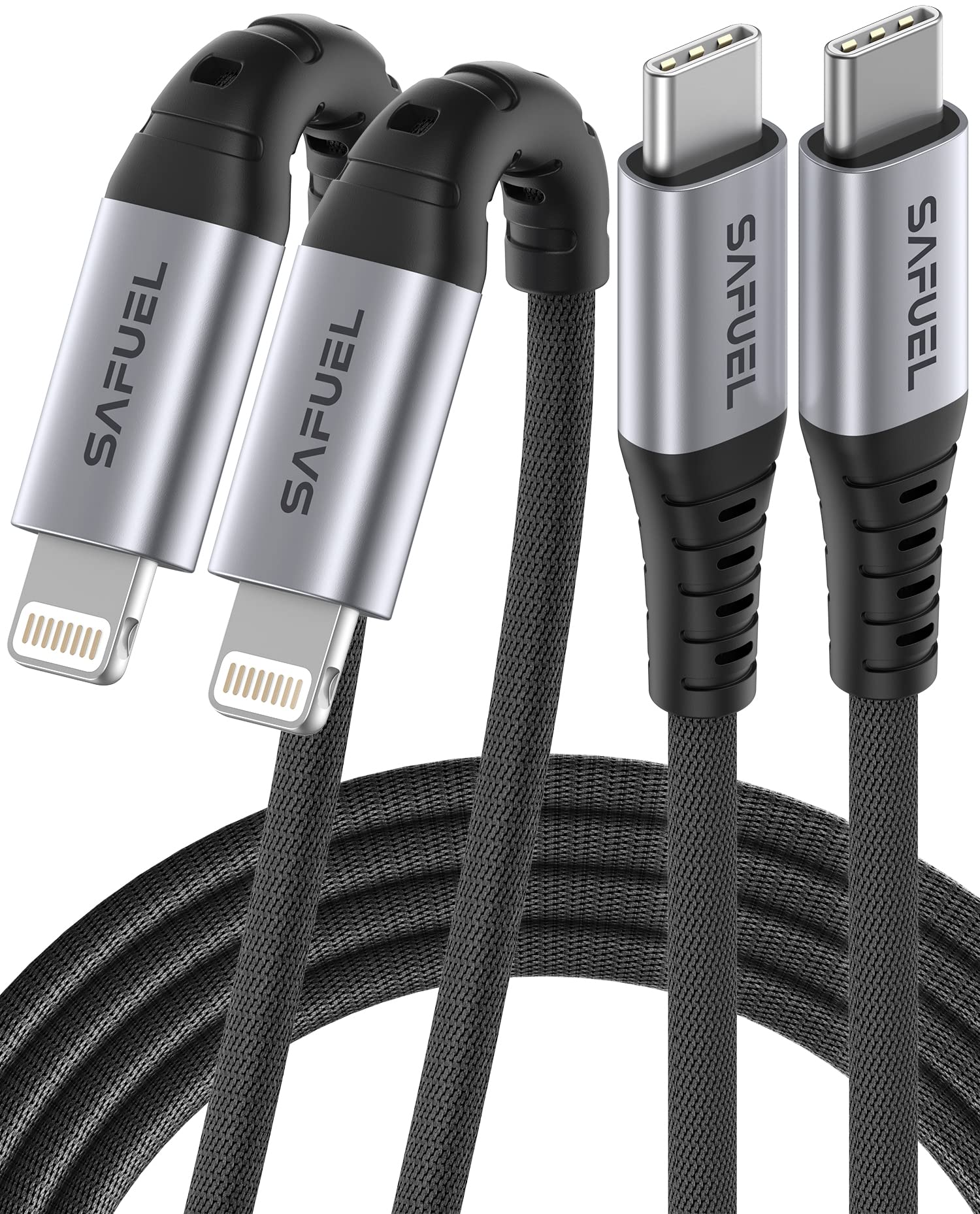 SAFUEL USB C to Lightning Cable [6.6ft, 2-Pack Apple MFi Certified] Nylon Braided iPhone Charger Cord, Fast Charging Cords for iPhone 14 13 12 11 Pro Max X XS 7 8 Plus AirPods, Supports Power Delivery