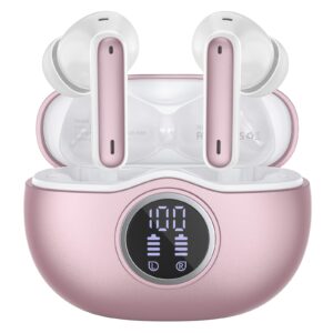 wireless earbuds bluetooth 5.3 headphones 40 hrs playtime with led display, deep bass stereo and noise cancelling bluetooth ear buds ip7 waterproof wireless earphones for iphone android, rose gold