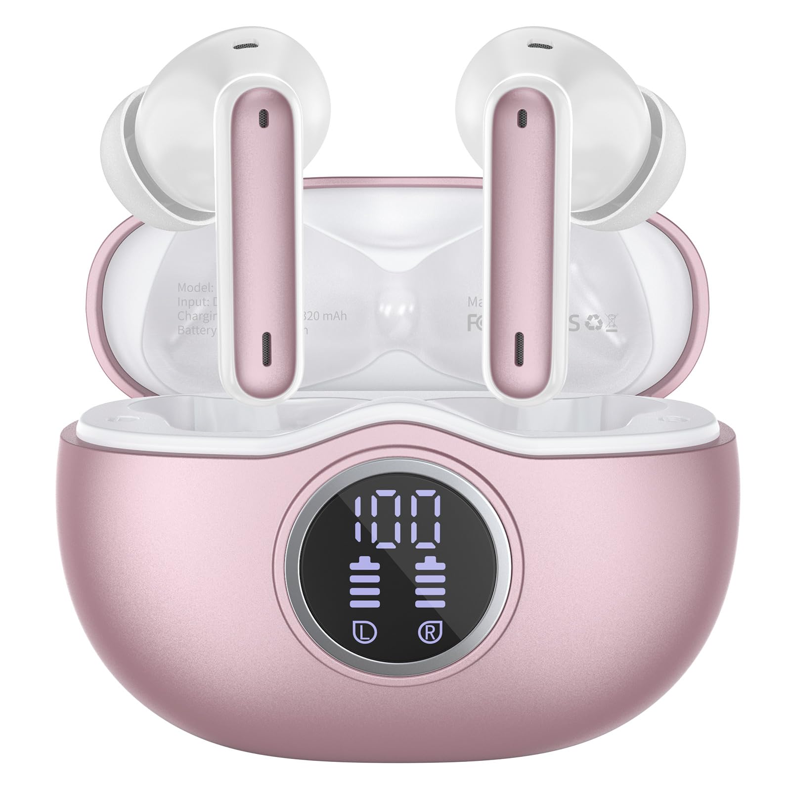 Wireless Earbuds Bluetooth 5.3 Headphones 40 Hrs Playtime with LED Display, Deep Bass Stereo and Noise Cancelling Bluetooth Ear Buds IP7 Waterproof Wireless Earphones for iPhone Android, Rose Gold