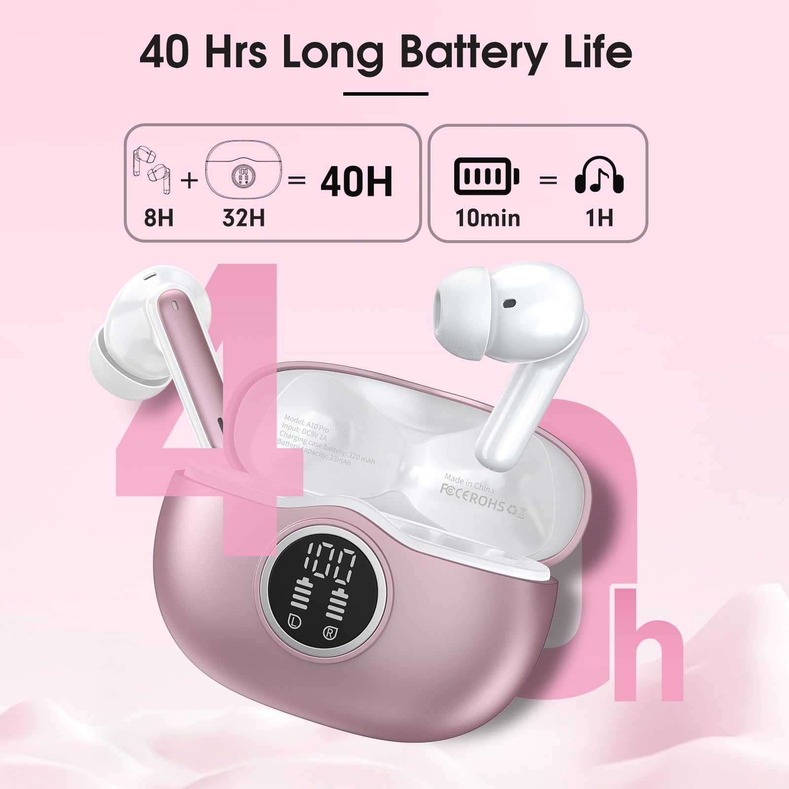 Wireless Earbuds Bluetooth 5.3 Headphones 40 Hrs Playtime with LED Display, Deep Bass Stereo and Noise Cancelling Bluetooth Ear Buds IP7 Waterproof Wireless Earphones for iPhone Android, Rose Gold