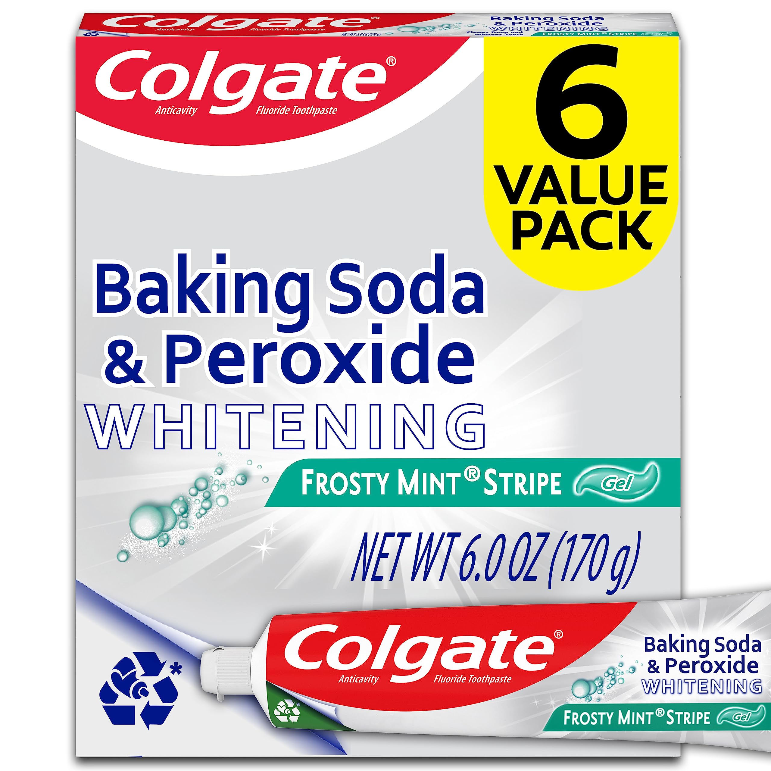 Colgate Baking Soda and Peroxide Toothpaste Gel, Whitening Baking Soda Toothpaste, Frosty Mint Flavor, Whitens Teeth, Fights Cavities and Removes Surface Stains for Whiter Teeth, 6 Pack, 6 Oz Tubes