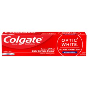 Colgate Optic White Stain Fighter with Baking Soda Whitening Toothpaste, Clean Mint Flavor, Removes Surface Stains, Enamel-Safe for Daily Use, Teeth Whitening Toothpaste with Fluoride, 6 Oz Tube