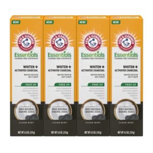 arm & hammer essentials fluoride-free toothpaste whiten + activated charcoal-4 pack of 4.3oz tubes, clean mint- 100% natural baking soda