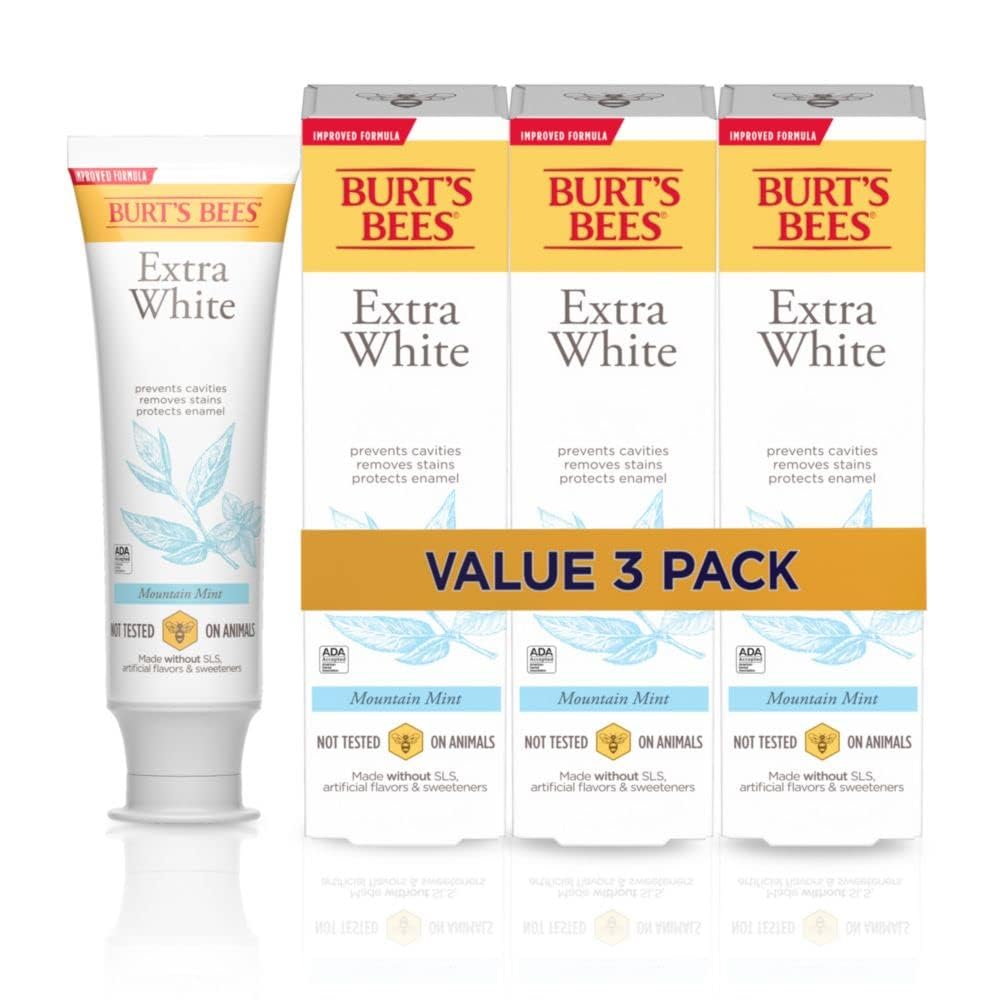 Burt's Bees Extra White Toothpaste, Fluoride Toothpaste, Natural Flavor, Mountain Mint, 4.7 oz, Pack of 3