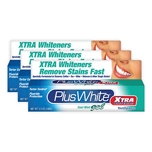 Plus White Xtra Whitening Toothpaste - Removes Tough Stains from Coffee, Smoking, Wine & More - Anti-Cavity, Plaque & Tartar Control (Cool Mint Gel, 3.5 oz, Pack of 3)