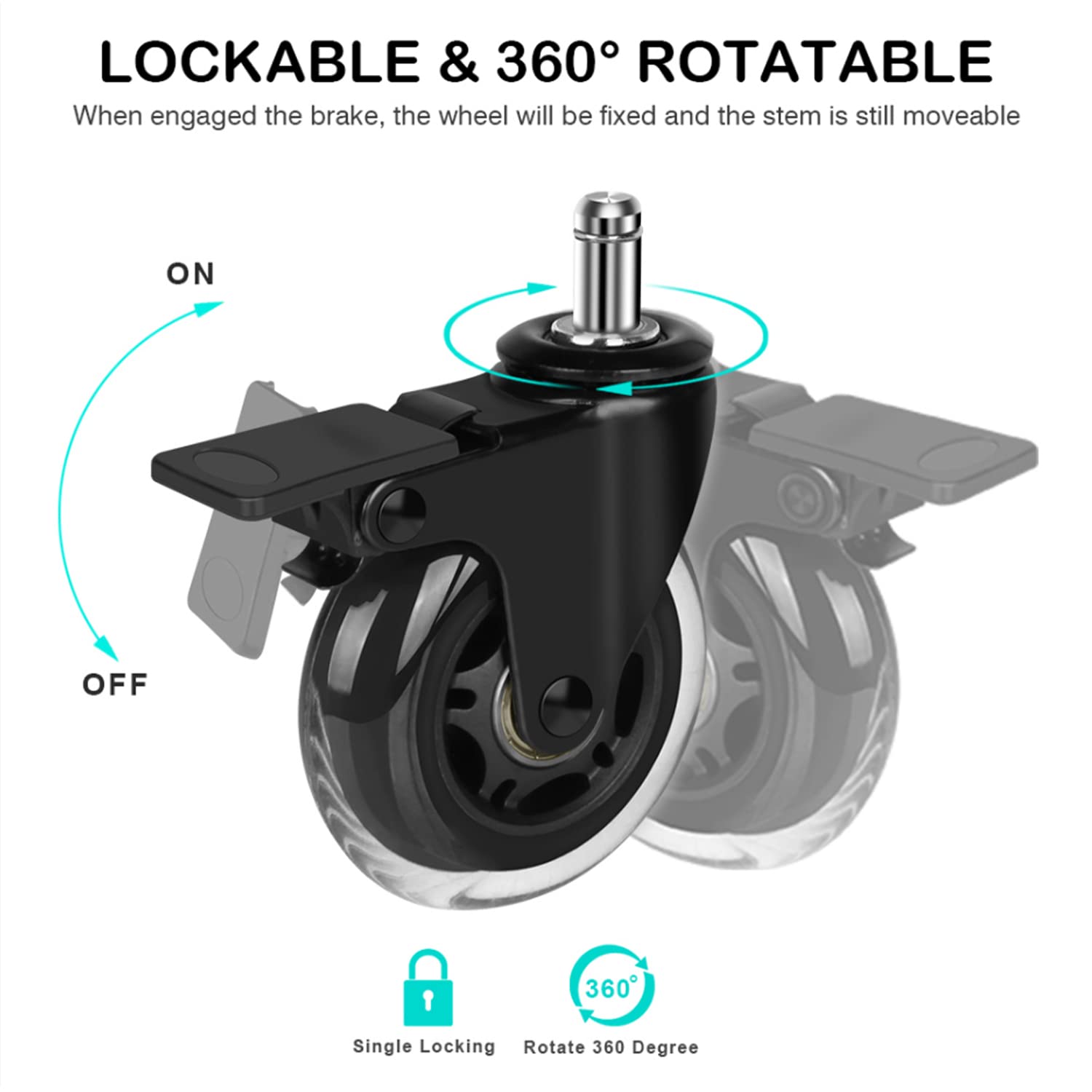 Hirate Office Chair Casters with Brake, 3" Heavy Duty Swivel Lockable Caster Rolling Safe for Hardwood, Tile & Carpet Fit Most Chairs 7/16" x 7/8", Set of 5