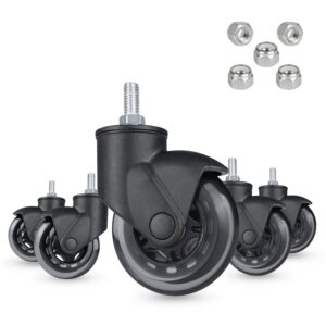 Hirate 3" Office Chair Casters with 3/8"-16UNC Threaded Stem, Soft Rubber Replacement Caster with Semi-Wrapped Structure for Most Floors, Set of 5 with Nylon Lock Nuts