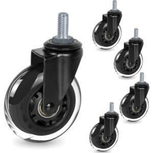 toplimit 3 inch office chair wheels with threaded stem 3/8"-18unc (set of 5), screw in heavy duty rubber caster wheels, safe for wood floor, tile and carpets