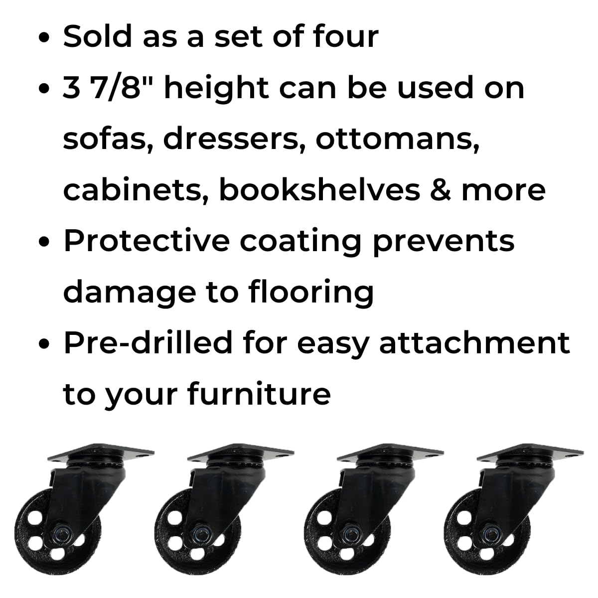 Osborne Heavy Duty Metal Caster Wheels (Set of Four), 3 7/8" H x 3 3/4" W, Black Swivel Industrial Vintage Wheels for Furniture, Carts, Islands, Chairs, Tables and Other Projects