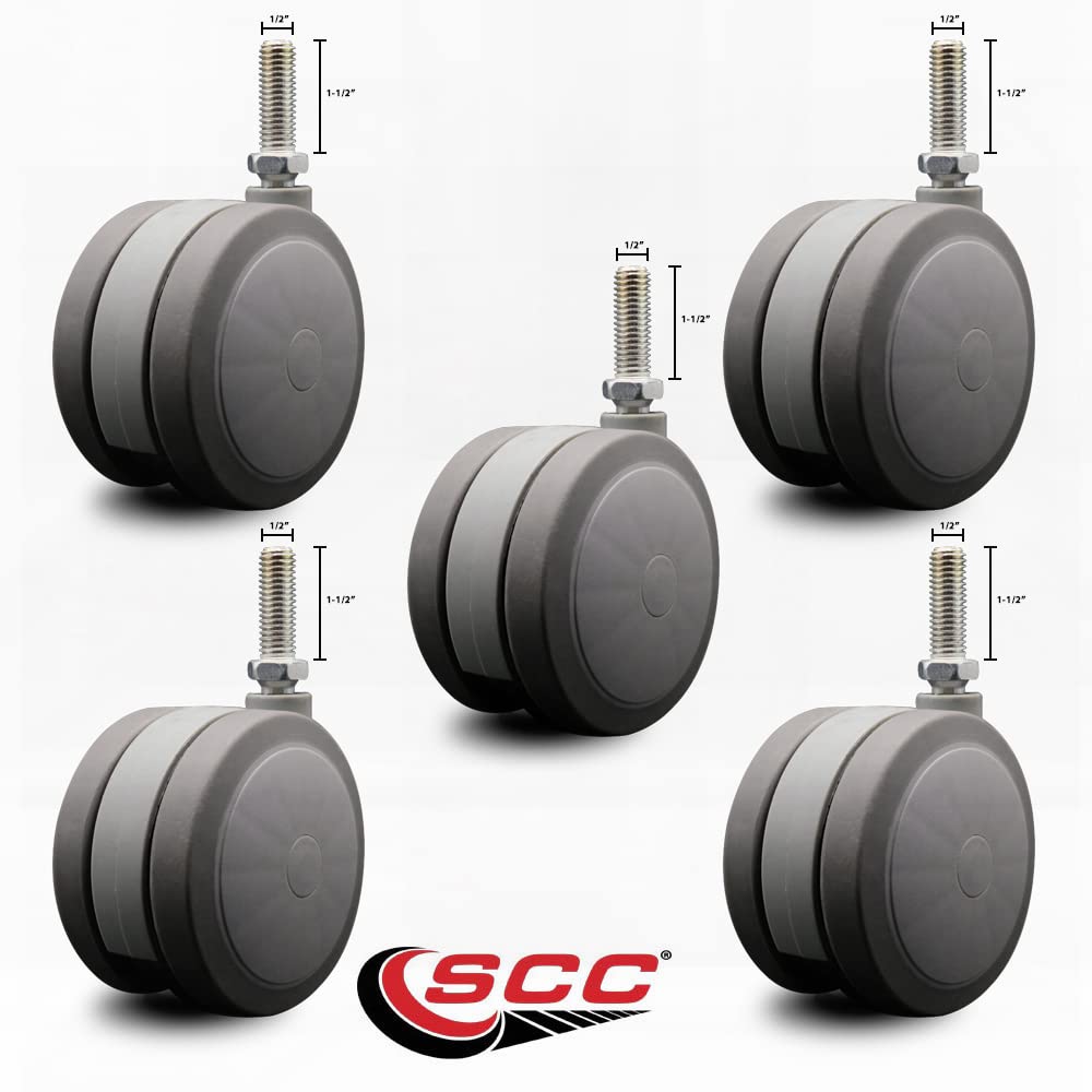 4 Inch Extra Large Heavy Duty Floor Safe Office Chair Wheels - Gray Non-Marking Twin Wheels - 1/2" - 13 TPI x 1-1/2" Threaded Stems - 1,125 lbs. Total Capacity - Set of 5 - Service Caster Brand