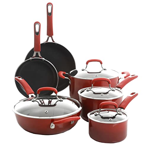 Kenmore Elite Andover Nonstick Platinum Forged Aluminum Cookware Set, 10-Piece, Red Gradient