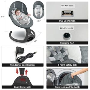 KIDSVIEW Portable 5 Speed Baby Rocker with Music, Remote Control, and Touch Screen for Infants - Suitable for 0-9 Months, 5-20 lbs, Gray (CR010A-1-GREY)