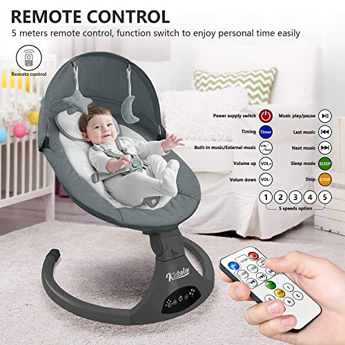 KIDSVIEW Portable 5 Speed Baby Rocker with Music, Remote Control, and Touch Screen for Infants - Suitable for 0-9 Months, 5-20 lbs, Gray (CR010A-1-GREY)