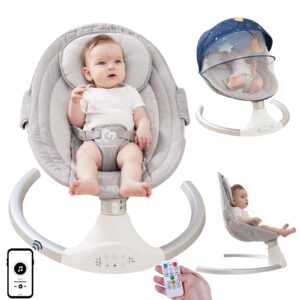 bellababy bluetooth baby swing for infants, compact & portable baby bouncer, 3 seat positions, 5 speed, 10 lullabies, remote control, usb plug-in power, indoor/outdoor baby rocker, boy/girl gray