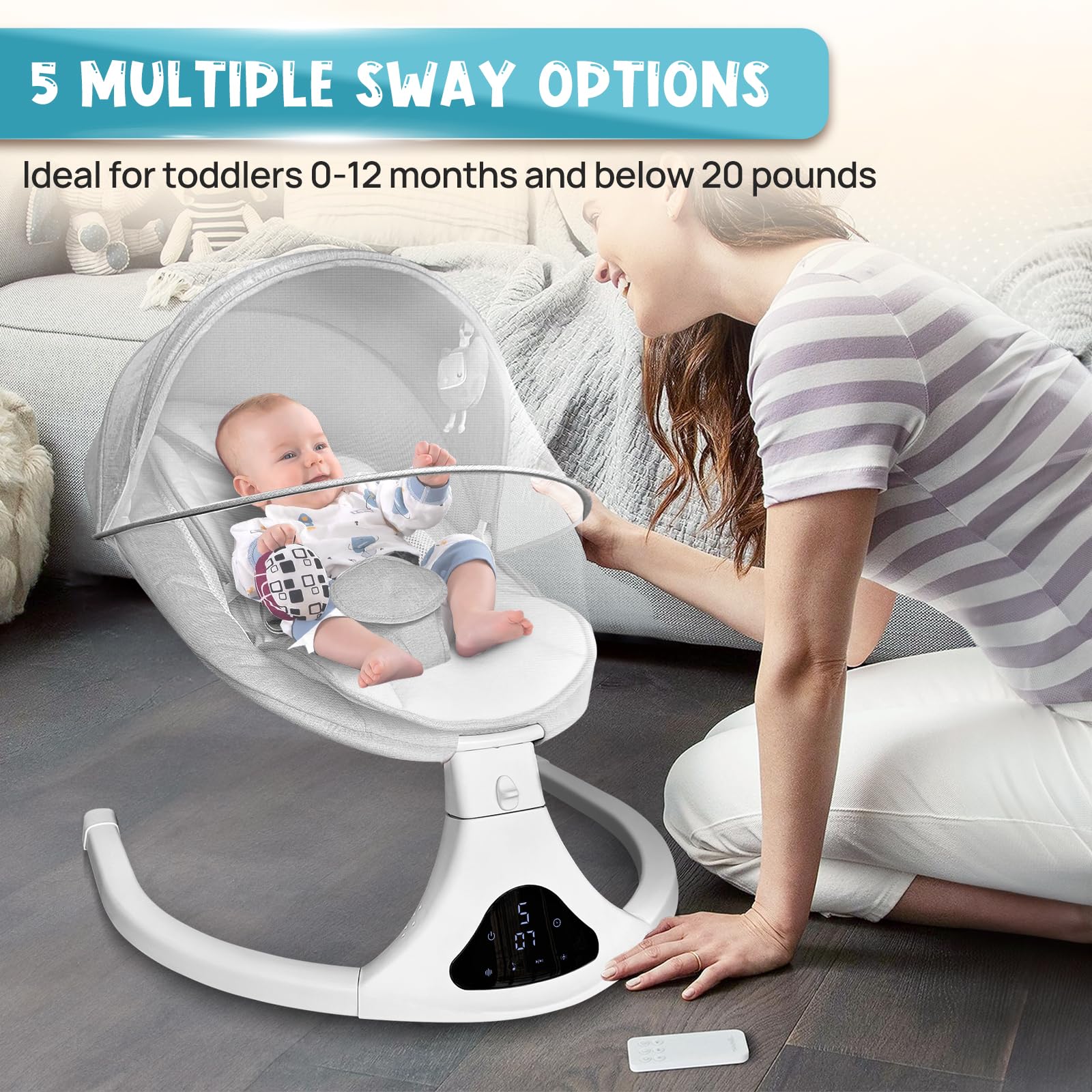 RIVIPLOU Baby Swing for Infants,Electric Portable Baby Swing, Bluetooth Infant Swing for Newborn with 5 Speeds,Remote Control, Indoor & Outdoor Use - Perfect for 0-9 Months