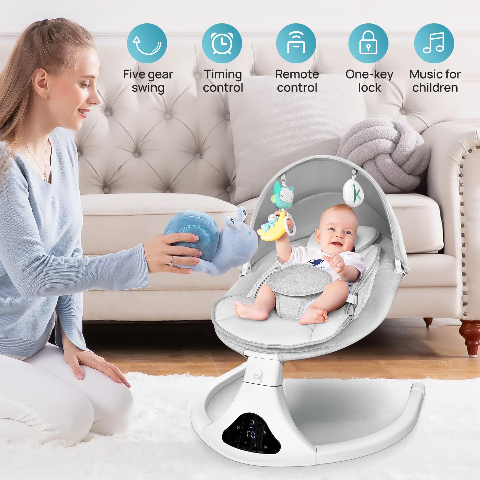 RIVIPLOU Baby Swing for Infants,Electric Portable Baby Swing, Bluetooth Infant Swing for Newborn with 5 Speeds,Remote Control, Indoor & Outdoor Use - Perfect for 0-9 Months