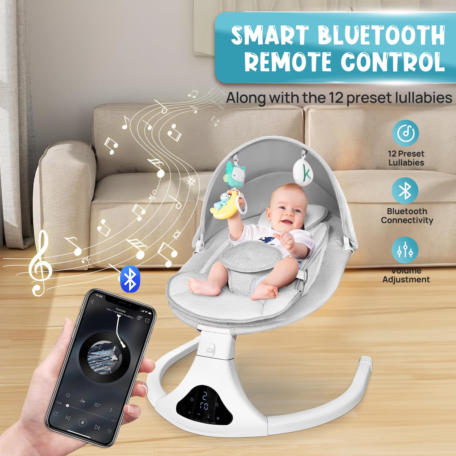 RIVIPLOU Baby Swing for Infants,Electric Portable Baby Swing, Bluetooth Infant Swing for Newborn with 5 Speeds,Remote Control, Indoor & Outdoor Use - Perfect for 0-9 Months