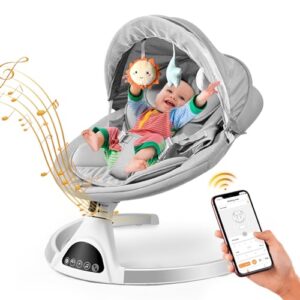 Ixdregan Baby Swings for Infants - Exclusive App & Bluetooth Electric Baby Swing, Smart Sensor&Timing, 5 Speeds, 12 Preset Lullabies and Back-Up Pillow, Portable Baby Swing for Indoor/Outdoor(Grey)