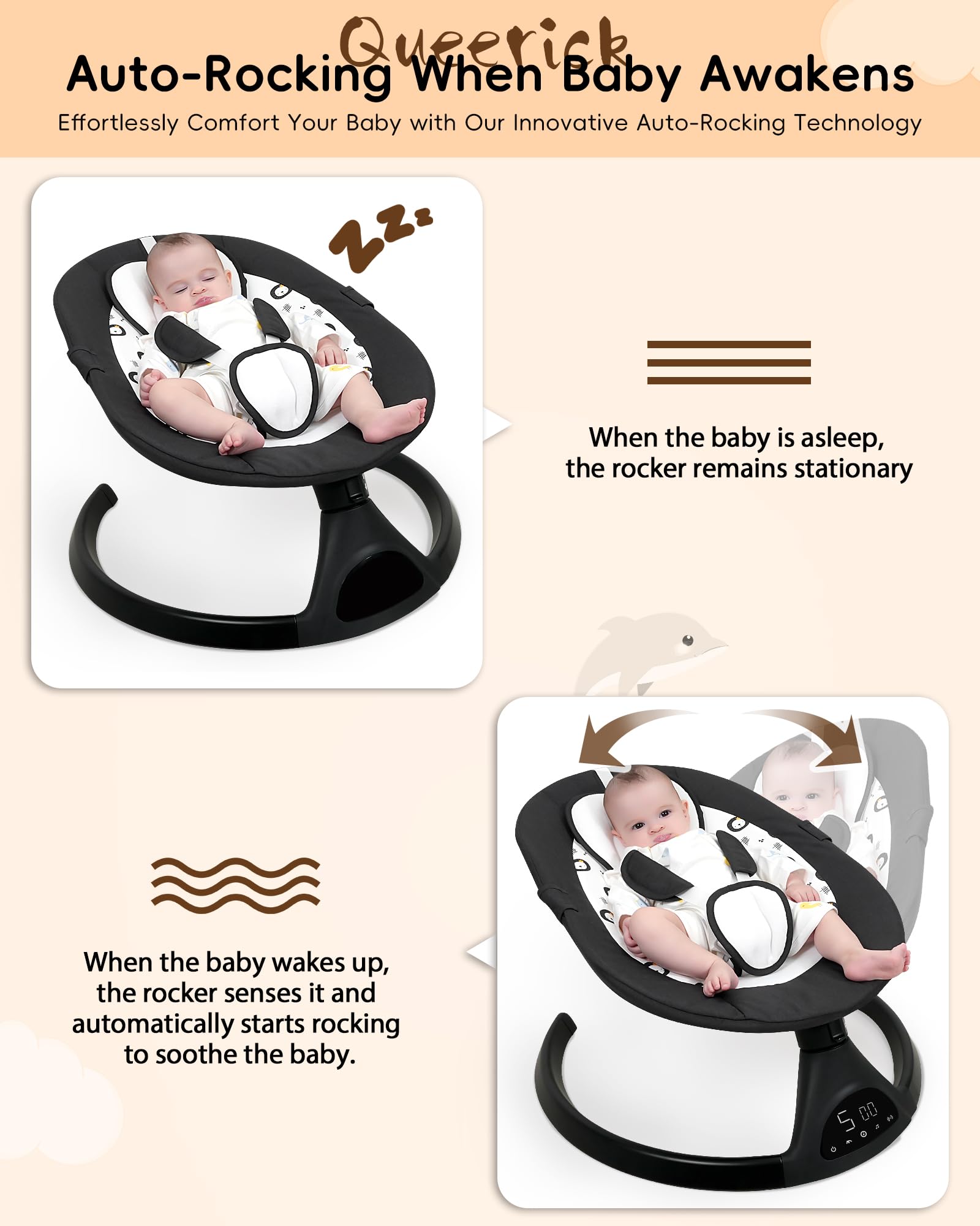 Baby Swing for Infants to Toddler Portable Babies Swing Timing Function 5 Swing Speeds Bluetooth Touch Screen Music Speaker with 10 Preset Lullabies 5-Point Carabiner