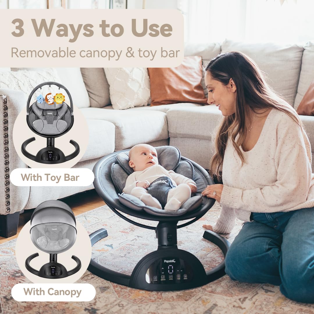 Papablic Baby Swing, Bluetooth Portable Swing for Infants with 5 Natural Sway Speeds and 3 Recline Positions, Unique Breathable System, Remote Control