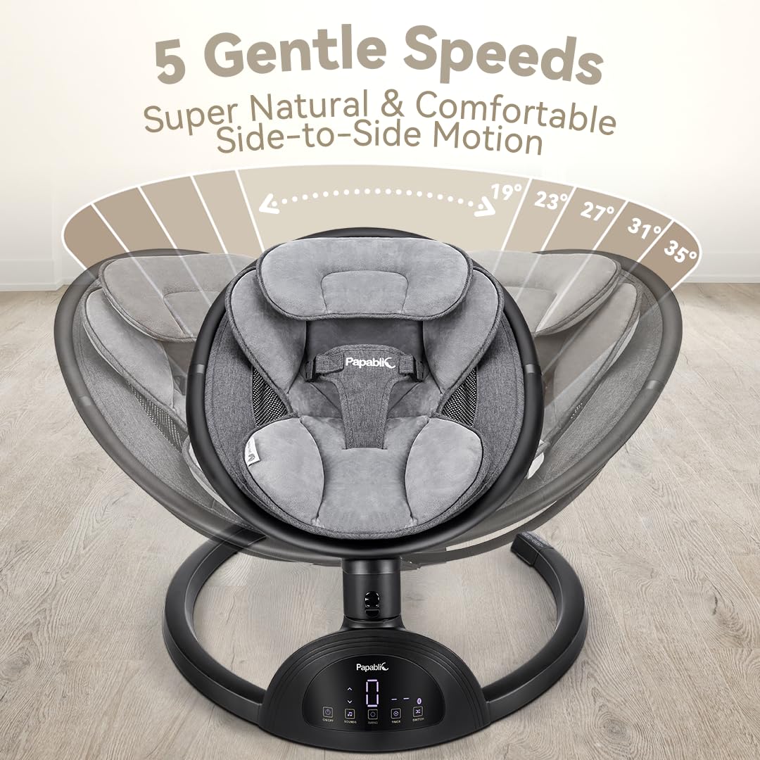 Papablic Baby Swing, Bluetooth Portable Swing for Infants with 5 Natural Sway Speeds and 3 Recline Positions, Unique Breathable System, Remote Control