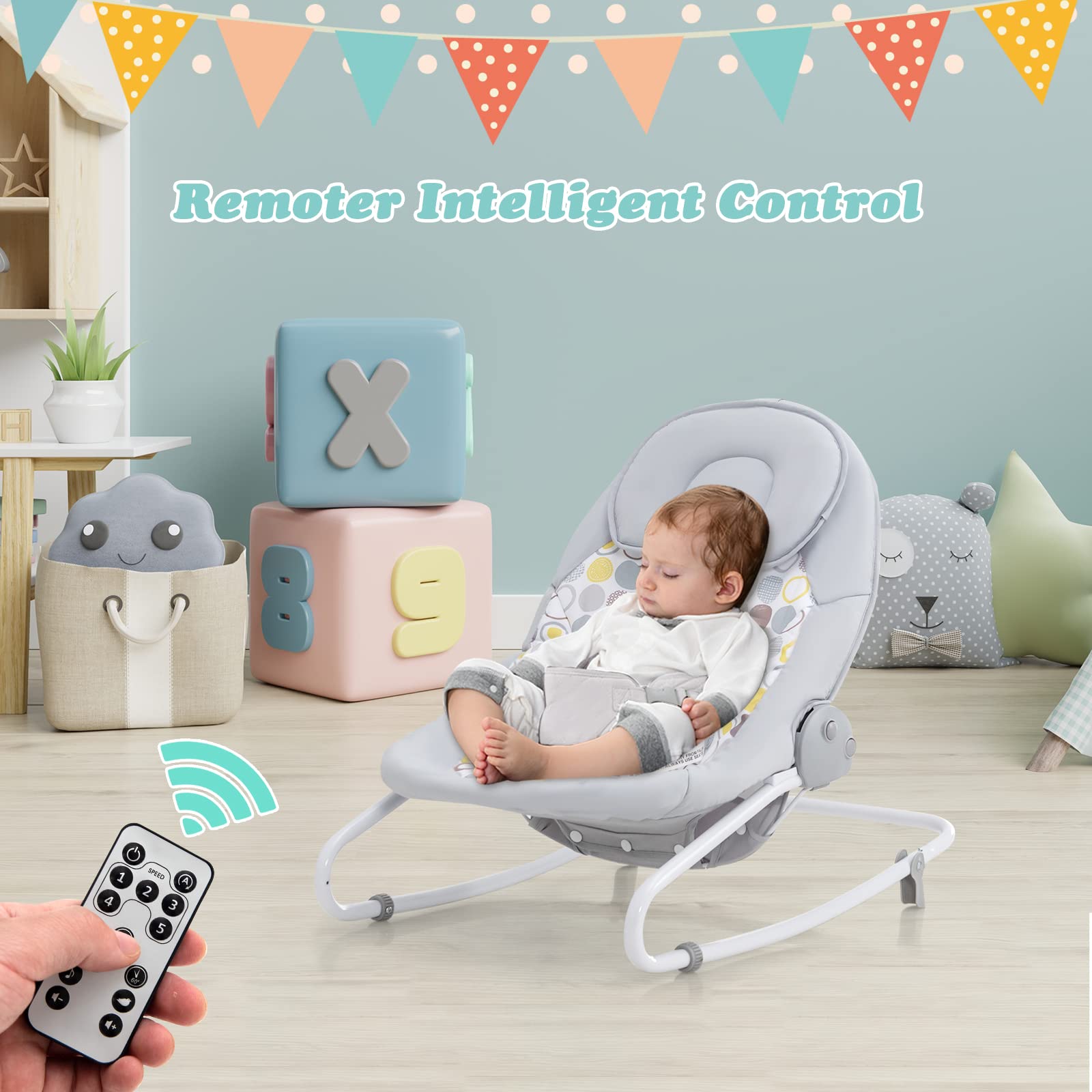 INFANS 2 in 1 Baby Swing and Bouncer for Infants, Portable Newborn Rocker with 5 Speed Sway Music Timing 3 Toys Remote Control, Easy Fold, Compact Electric Baby Swing for 0-6 Months Boy Girl