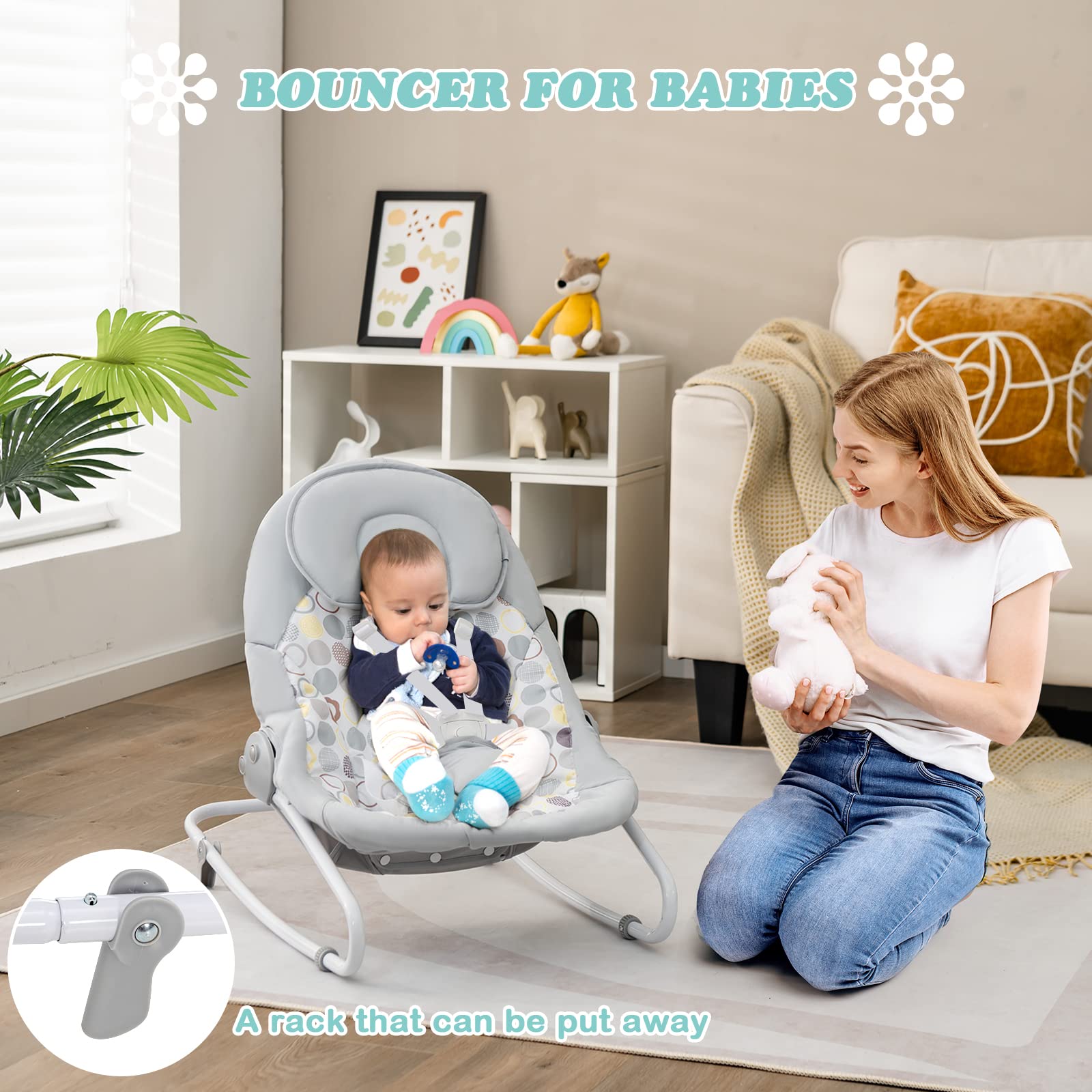 INFANS 2 in 1 Baby Swing and Bouncer for Infants, Portable Newborn Rocker with 5 Speed Sway Music Timing 3 Toys Remote Control, Easy Fold, Compact Electric Baby Swing for 0-6 Months Boy Girl