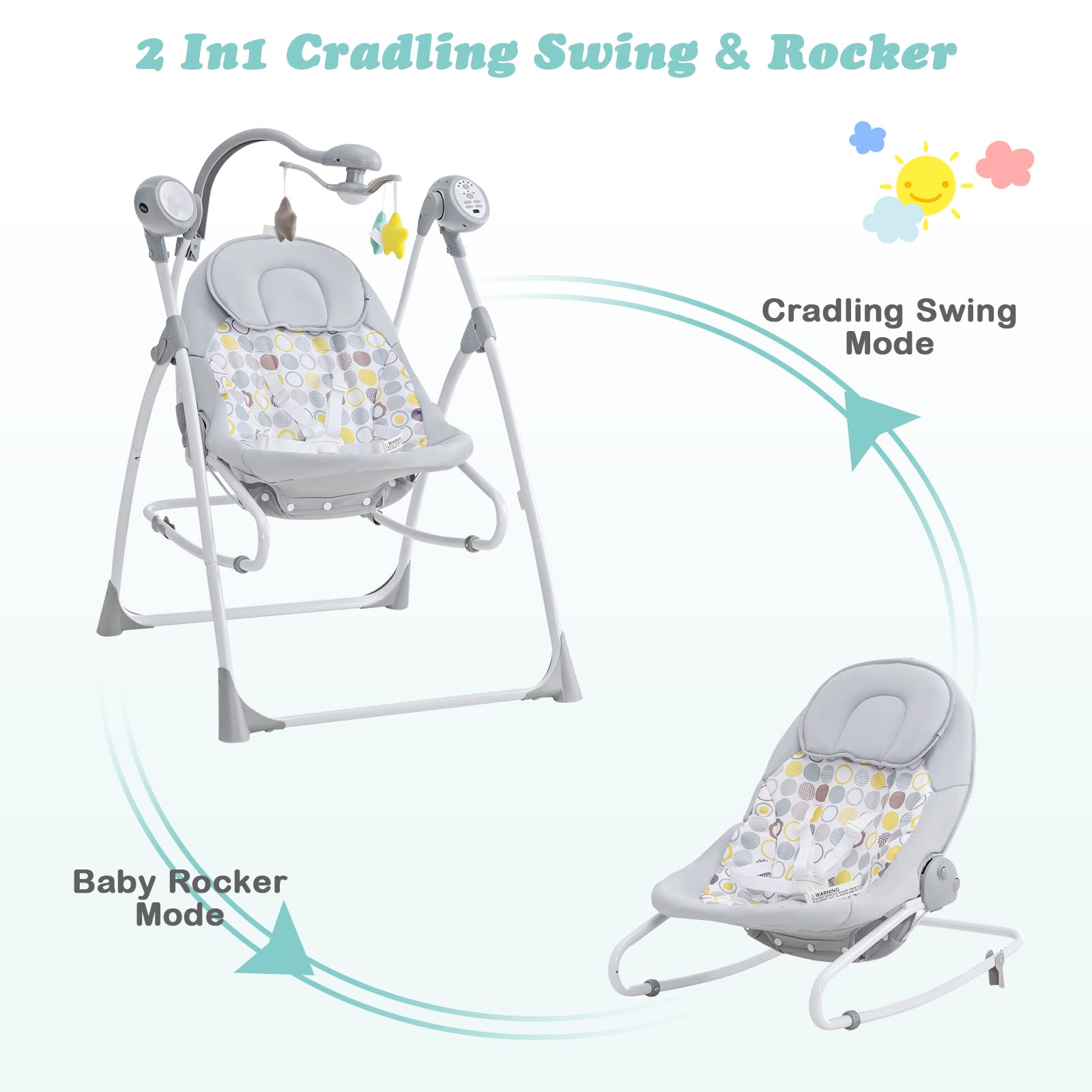 INFANS 2 in 1 Baby Swing and Bouncer for Infants, Portable Newborn Rocker with 5 Speed Sway Music Timing 3 Toys Remote Control, Easy Fold, Compact Electric Baby Swing for 0-6 Months Boy Girl