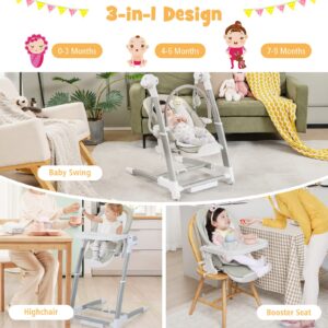 BABY JOY Baby Swings for Infants, 3 in 1 Foldable High Chair w/ 8 Adjustable Height, 5-Position Backrest, 3 Timer Settings, 12 Melodies and 5 Natural Sounds, Booster Seat for Dining Table (Gray)