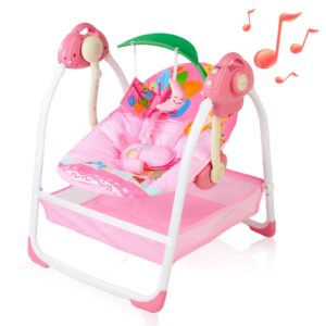 baby swing for infants, portable baby swing with 6 motions, toddler swing with music, sounds, timing, baby rocker with 2 toys, plsuh seat & soft head support, machine washable fabric (pink)