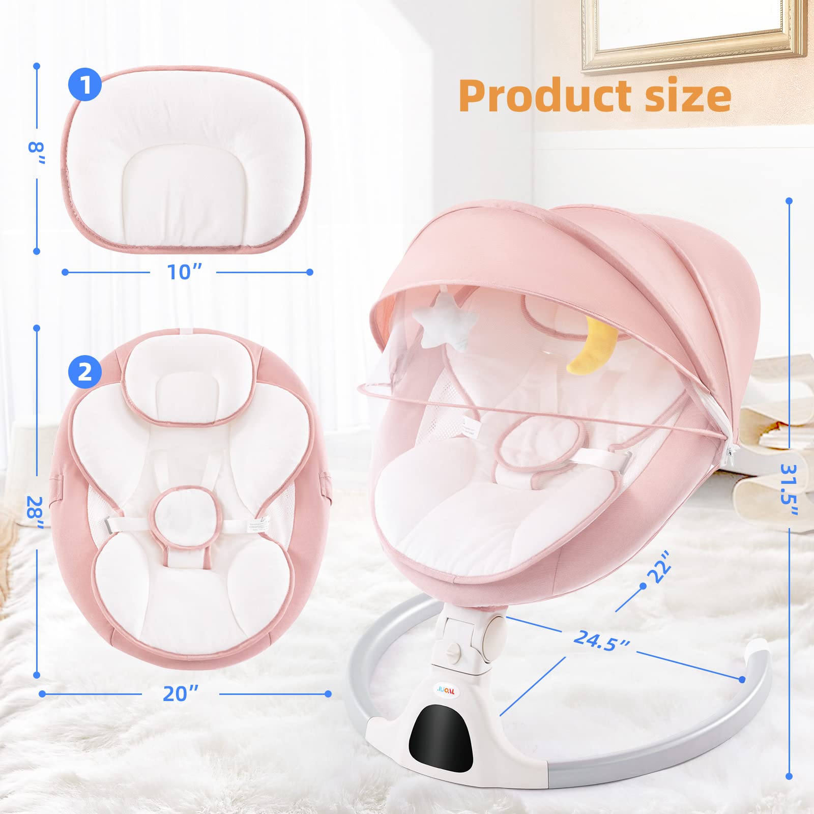 Jaoul Baby Swings for Infants, Electric Portable Baby Swing for Newborn Baby, Bluetooth Touch Screen/Remote Control Timing Function 5 Swing Speeds 3 Seat Positions Baby Bouncer for Boy Girl Pink