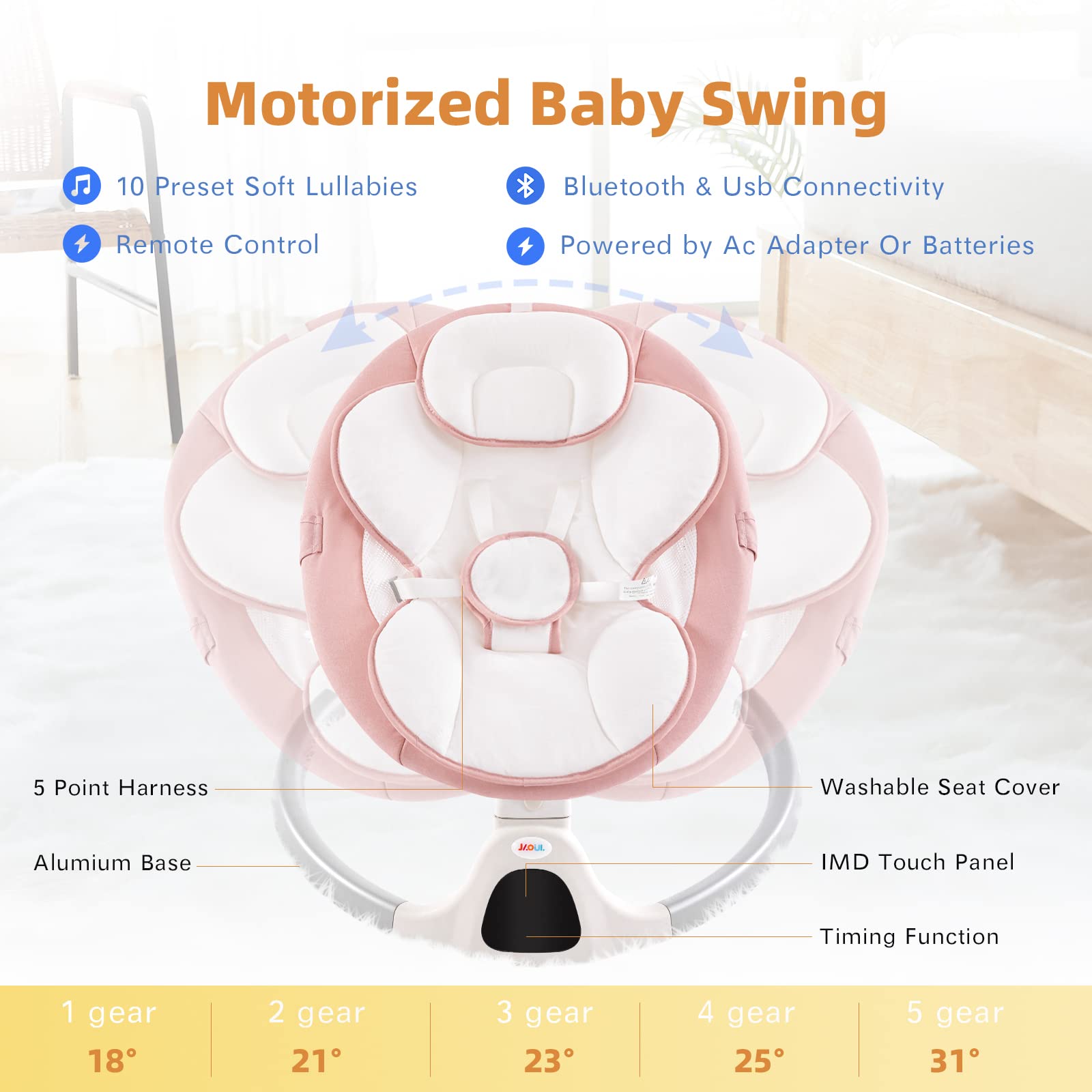 Jaoul Baby Swings for Infants, Electric Portable Baby Swing for Newborn Baby, Bluetooth Touch Screen/Remote Control Timing Function 5 Swing Speeds 3 Seat Positions Baby Bouncer for Boy Girl Pink