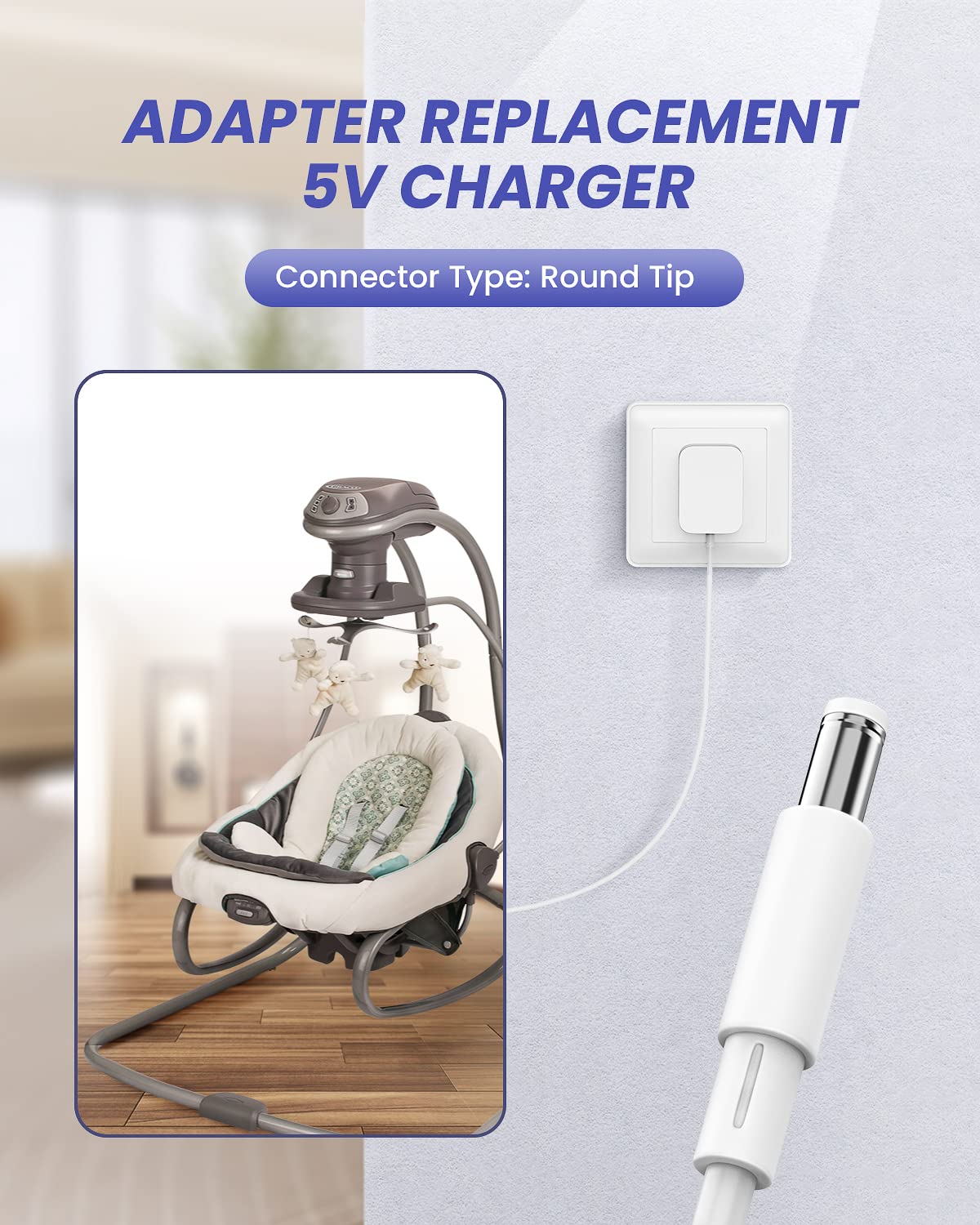 5V Power Cord Baby Swing Replacement for Graco Simple Sway Swing, Graco DuetSoothe, Glider LX/Elite/Premier/Petite LX, DuoGlider, Sweetpeace, DuetConnect LX 4.9Ft Wall Charge Adapter White UL Listed