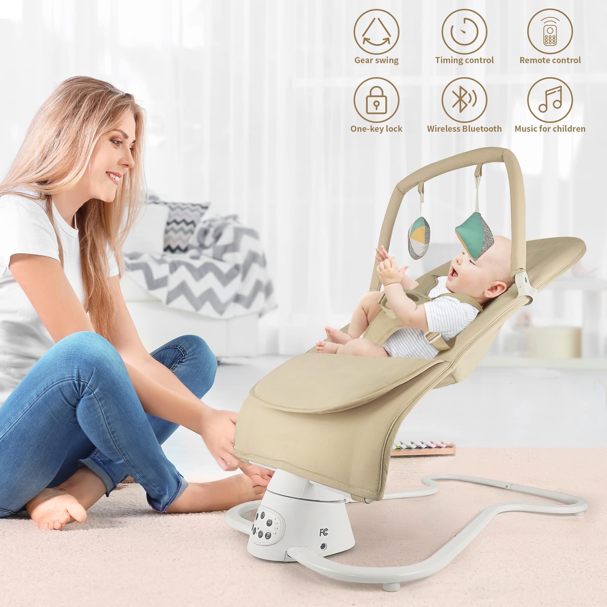 Portable Baby Bouncer, Bouncer for Babies 0-6 Months, Baby Bouncer Seat for Infants Seat with Comfortable Seat, Baby Bouncer with Bluetooth- 5 Speeds