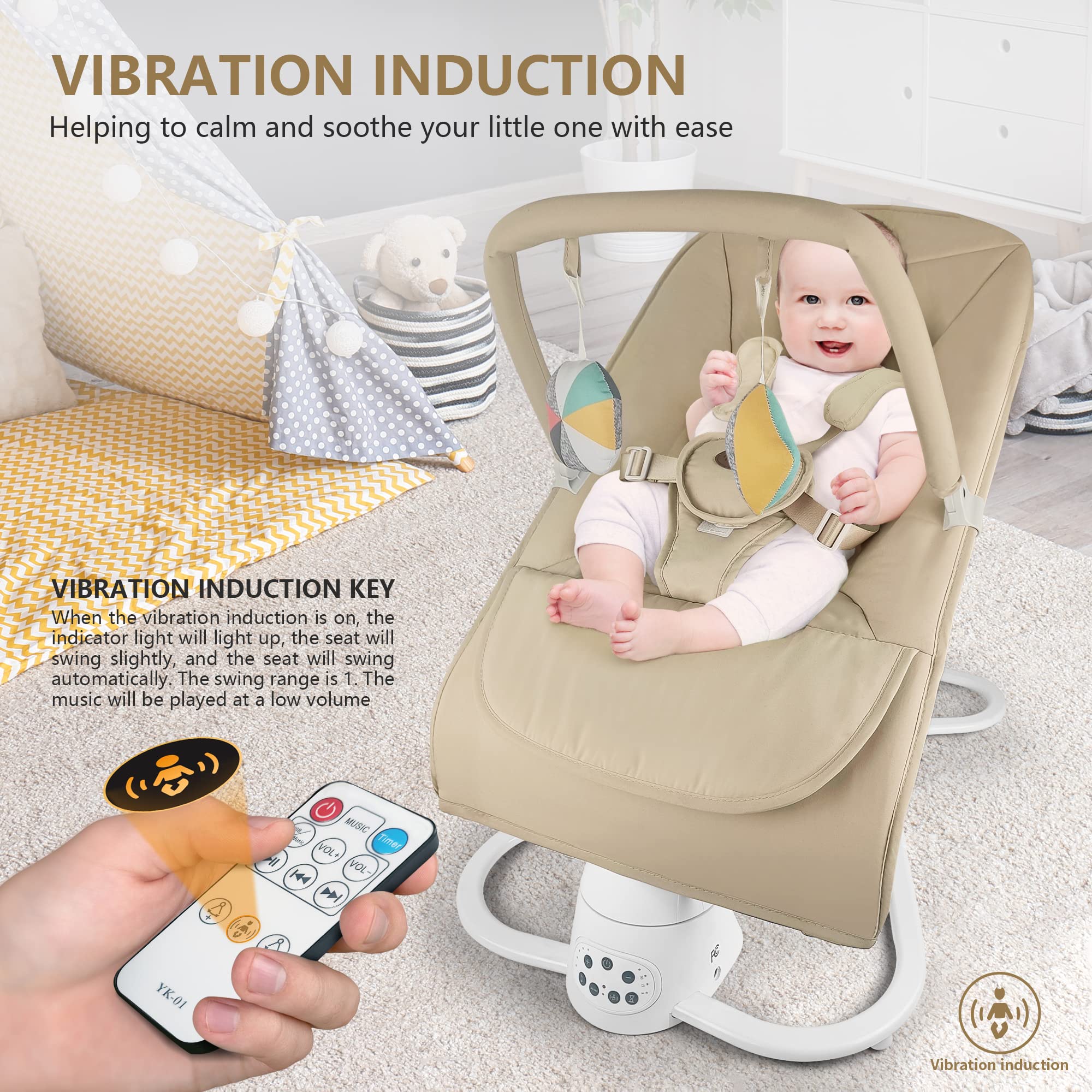 Portable Baby Bouncer, Bouncer for Babies 0-6 Months, Baby Bouncer Seat for Infants Seat with Comfortable Seat, Baby Bouncer with Bluetooth- 5 Speeds