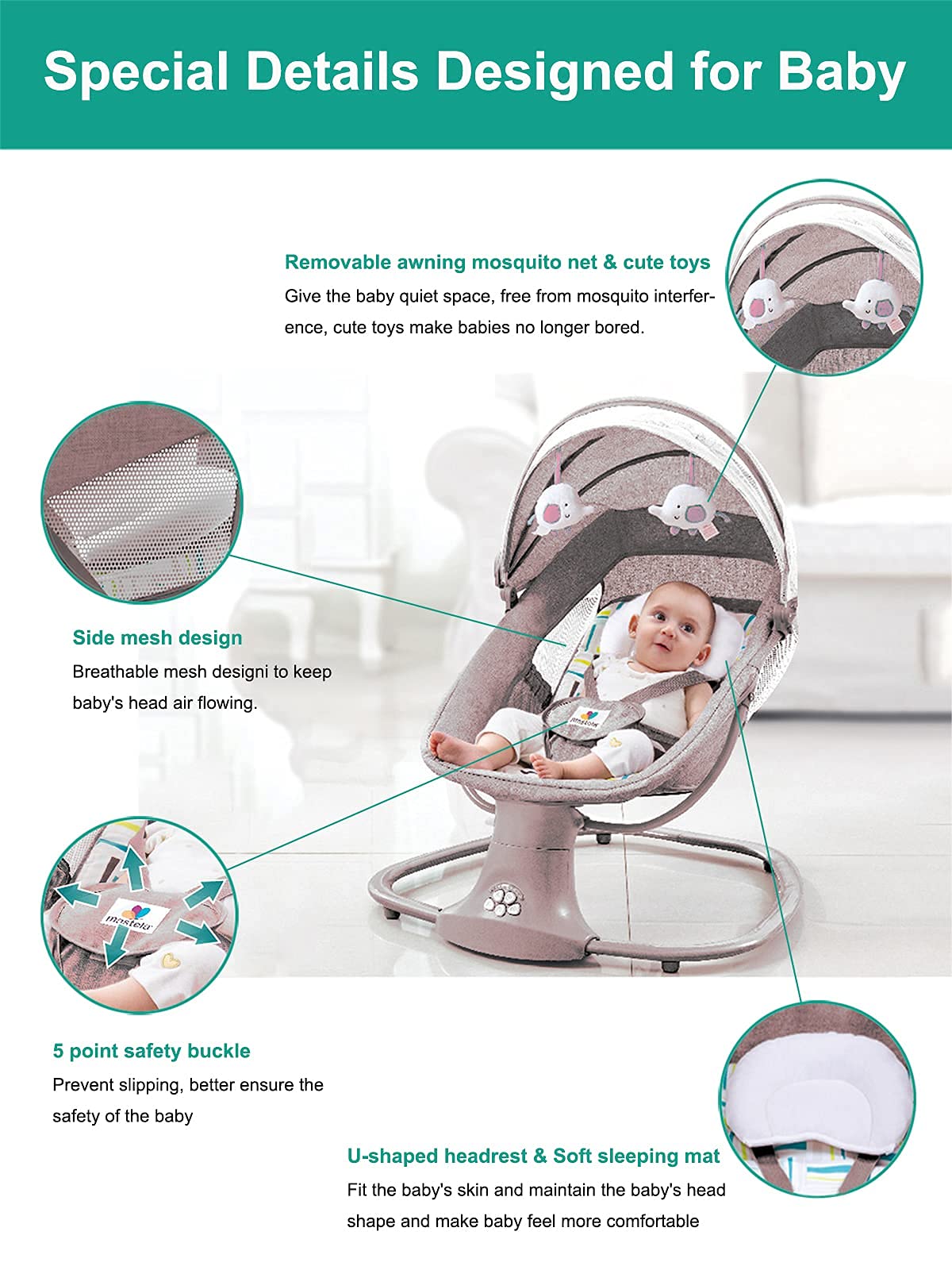 Electric Baby Swing Baby Cradle Infant Bouncer Baby Portable Adjustable Motorized Rocker with Bluetooth Music Speaker and 5 Swaying Gears Preset Lullabies and Smooth Remote Control (Pink)