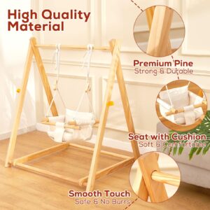 funlio wooden toddler swing stand with 4 sandbags, foldable baby swing stand with durable pine & velcro for toddlers 6-36 months, kids swing frame with maximum bearing 50lbs, easy to assemble & store