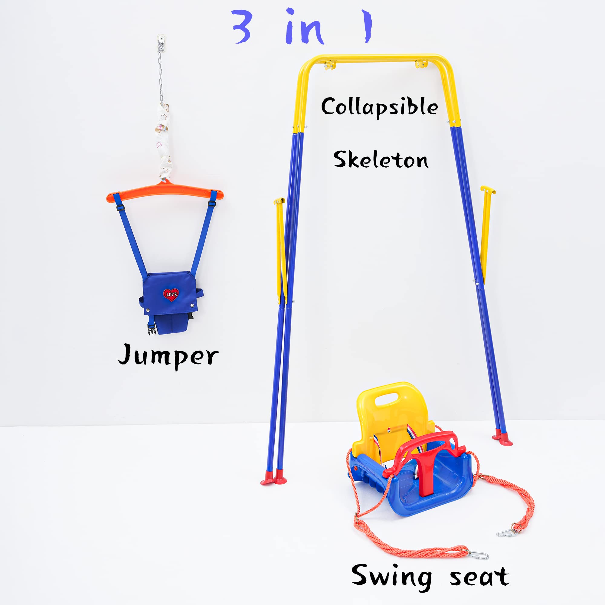 3-in-1 Swing Set Baby Jumper and Bouncers for Toddler, Baby Swing is Suitable for Indoor and Outdoor Play, with a Foldable Metal Stand for Easy Storage, and Comes with Instructions for Easy Assembly.