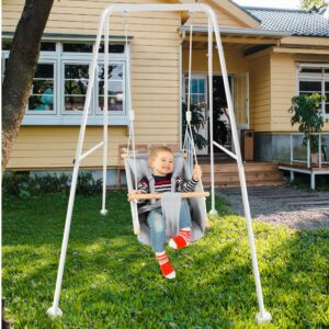 CaTeam - Canvas Kids Swing with Stand, Wooden Hanging Swing Seat Chair with Safety Belt, Durable Toddler Swing Chair, Outdoor and Indoor Swing for Kids, Blue Gray