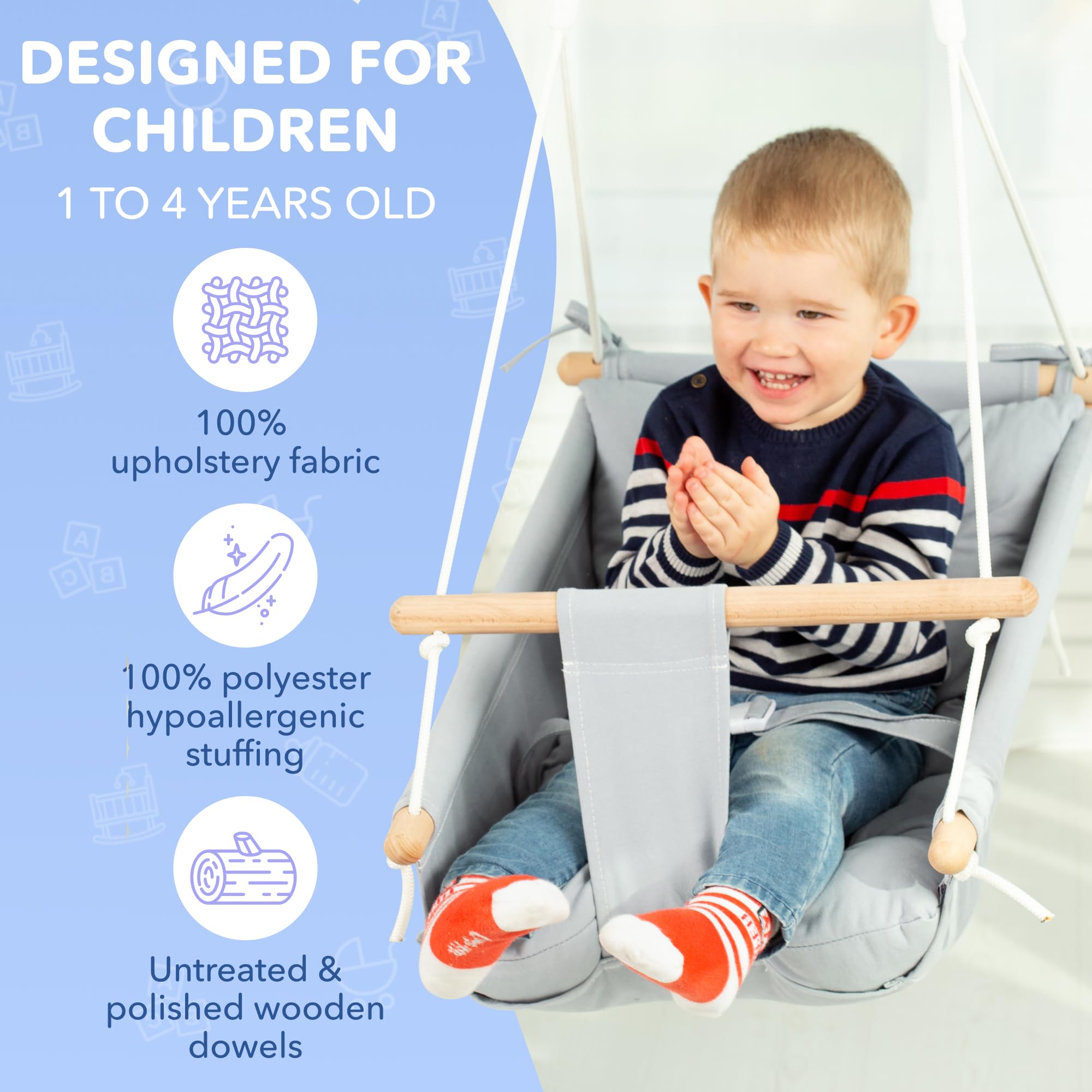 CaTeam - Canvas Kids Swing with Stand, Wooden Hanging Swing Seat Chair with Safety Belt, Durable Toddler Swing Chair, Outdoor and Indoor Swing for Kids, Blue Gray