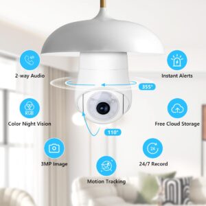 Light Bulb Security Camera, 2K 360° Pan Tilt WiFi Security Camera Indoor Wireless Outdoor Color Night Vision 24/7 Motion Tracking Detect Pet Dog Cam 2-way Talk SD/Cloud Storage Home Security Outside