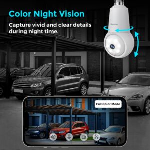 Septekon 4MP Light Bulb Camera 2 Pack, 360 Light Socket Security Camera Outdoor Indoor 2.4GHz WiFi, 2K Full Color Night Vision, Motion Detection Alarm, IP65 Waterproof, Two-Way Audio