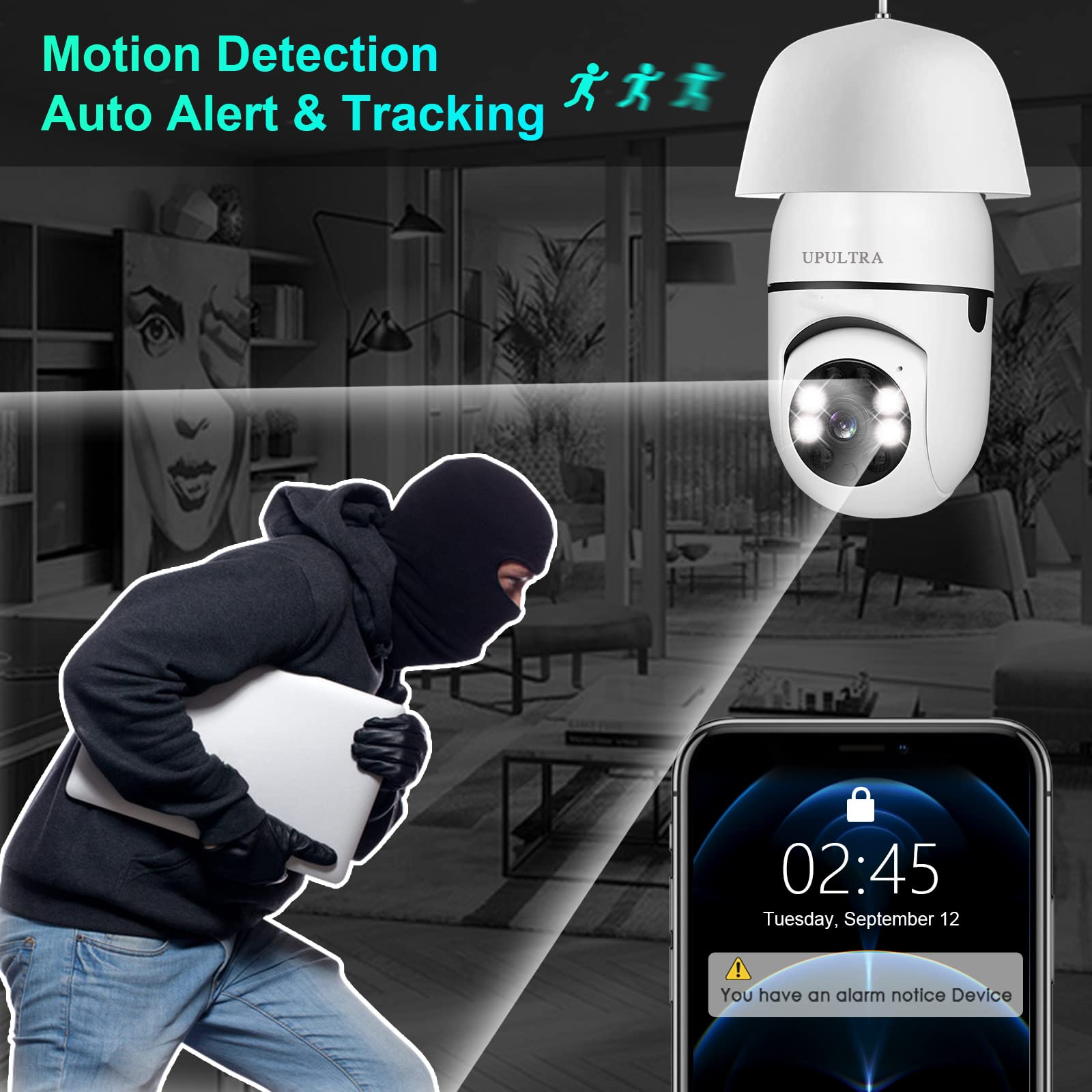 Light Bulb 1080P Security Wireless Camera Wifi Smart for home surveillance Screw into the E27 light bulb socket Spotlight Alarm Color night vision Two-way talk Motion Alarm PTZ 360 Degree(2packs）